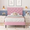 Pink Linen Upholstered Twin Bed Frame with Headboard and Slat Support