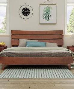Mid-Century King Size Solid Wood Bed Frame with Headboard and Slats