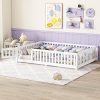 Full Size Montessori Floor Bed, Floor Bed with High Rails and Slats for Kids, Full Montessori Bed Frame with Door for Boys Girls, White, 77.75”L x 56.34”W x 17.52”H