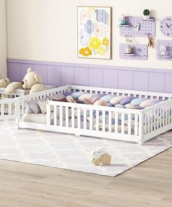 Full Size Montessori Floor Bed, Floor Bed with High Rails and Slats for Kids, Full Montessori Bed Frame with Door for Boys Girls, White, 77.75”L x 56.34”W x 17.52”H
