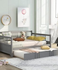 Harper Bright Designs Full Daybed Frame with Twin Trundle Grey
