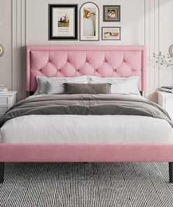 Modern Queen Size Velvet Platform Bed Frame with Wooden Slats Pink 2