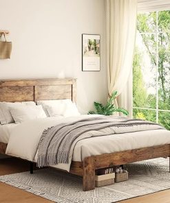 Rustic Vintage Full Bed Frame with Headboard and 12 Wooden Slats