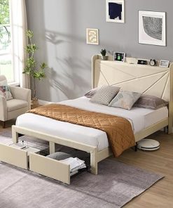 Full Bed Frame with Charging Station and Storage Drawers  
Full Size Platform Bed with Headboard for Comfortable Sleeping  
Heavy Duty Full Upholstered Metal Bed Frame No Box Spring Needed