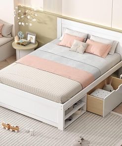 Full Size Platform Bed with Drawer and Shelves for Easy Assembly