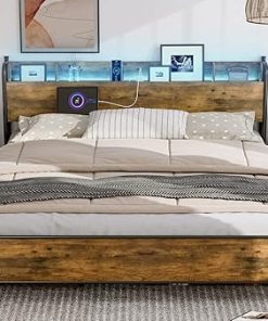 California King Bed Frame with Storage Headboard and LED Lights
