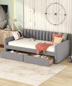 Modern Twin Upholstered Daybed with Drawers for Living Room Gray