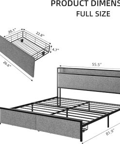Full Bed Frame with Drawers and Charging Station Headboard Gray 2