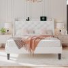 Velvet Upholstered Queen Bed Frame with Tall Headboard Cream Color 3