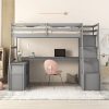 Farmhouse Queen Size Bed Frame with Storage Bookcase Headboard, Rustic Wood Platform Storage Bed with Charging Station Double Sliding Barn Door Wood Slats Support, Antique Gray 3
