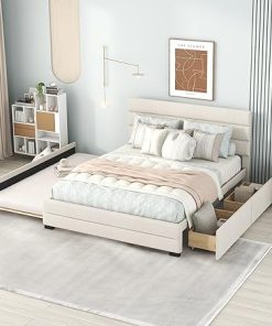 Queen Size Bed with 2 Storage Drawers and Twin Trundle Frame Beige