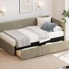 Merax Twin Size L Shape Corner Bed Frames with Storage Drawers, Corduroy Upholstered Captain Daybed for Small Room, Bedroom, Guest Room, Kids’ Room, Vertical Striped Design, Green