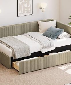 Merax Twin Size L Shape Corner Bed Frames with Storage Drawers, Corduroy Upholstered Captain Daybed for Small Room, Bedroom, Guest Room, Kids’ Room, Vertical Striped Design, Green