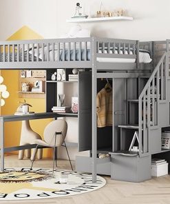Gray Full Loft Bed with Desk and Storage for Kids and Teens