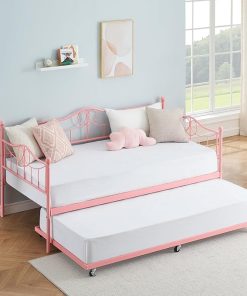 Pink Twin Daybed with Trundle and Metal Frame for Living Room