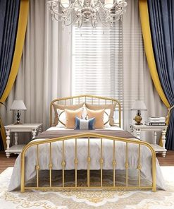 Metal Platform Bed Frame with Victorian Headboard and Underbed Storage