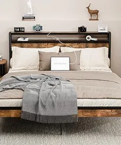 Queen Bed Frame with Charging Station and Storage Shelf Headboard