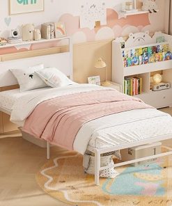 Weehom Twin Bed Frames for Kids with Wood Headboard No Box Spring