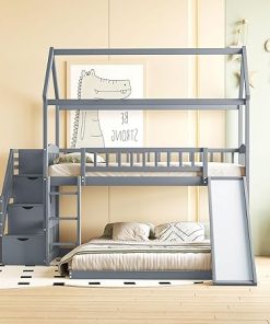 Twin Over Twin Bunk Bed with Slide and Storage for Kids and Teens