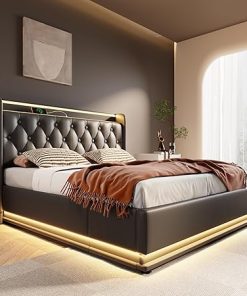 Modern King Size Lift Up Bed Frame with Leather Headboard and Storage