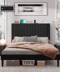Queen Size Velvet Tufted Bed Frame with Charging Station Black