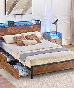 Queen Bed Frame with Storage Drawers Charging Station and LED Light 2