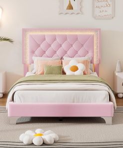 Twin Size Upholstered Platform Bed Frame with LED Lights and Tufted Headboard