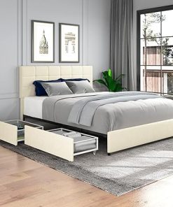 Queen Size Upholstered Bed Frame with Storage and Button Tufted Headboard