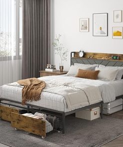 Queen Bed Frame with Storage Headboard and Charging Station Easy Assembly