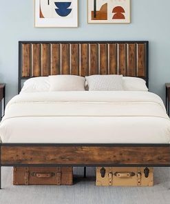 Industrial Queen Bed Frame with Tall Headboard and Strong Metal Support