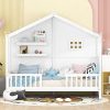 Twin Size House Bed Frame with Fence Shelves Window and Light Strip