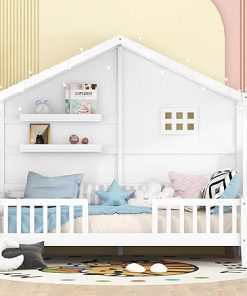 Twin Size House Bed Frame with Fence Shelves Window and Light Strip