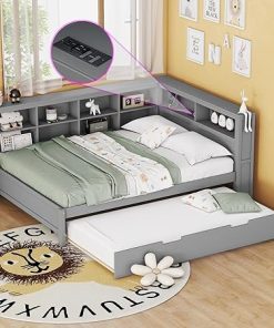 Bellemave Full Size Daybed with Trundle and Charging Station Gray