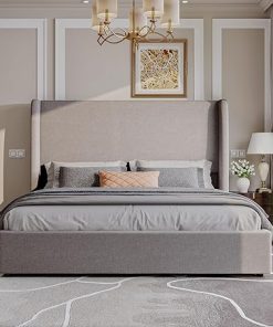 Linen Upholstered King Size Lift Up Storage Bed Frame in Light Grey