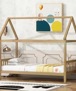 Twin Size Montessori House Bed Frame for Kids, Wooden Slats Design