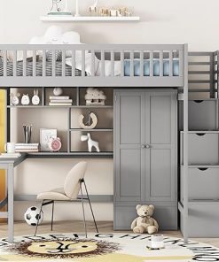 Gray Full Loft Bed with Desk and Storage for Kids and Teens 2