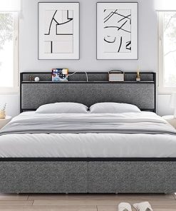 Full Size Bed Frame with Storage Headboard and Charging Station 2