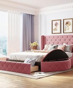 Queen Size Velvet Bed Frame with Storage and Wingback Headboard Pink