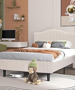 VECELO Twin Bed Frame Upholstered Platform Bed Frame with Height Adjustable Teddy Fabric Headboard, Strong Wood Slats Supports 7.9” Under Bed Space Noise Free No Box Spring Needed, Cream