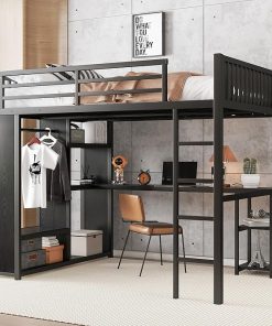 Queen Size Metal Loft Bed Frame with Desk and Storage Shelves