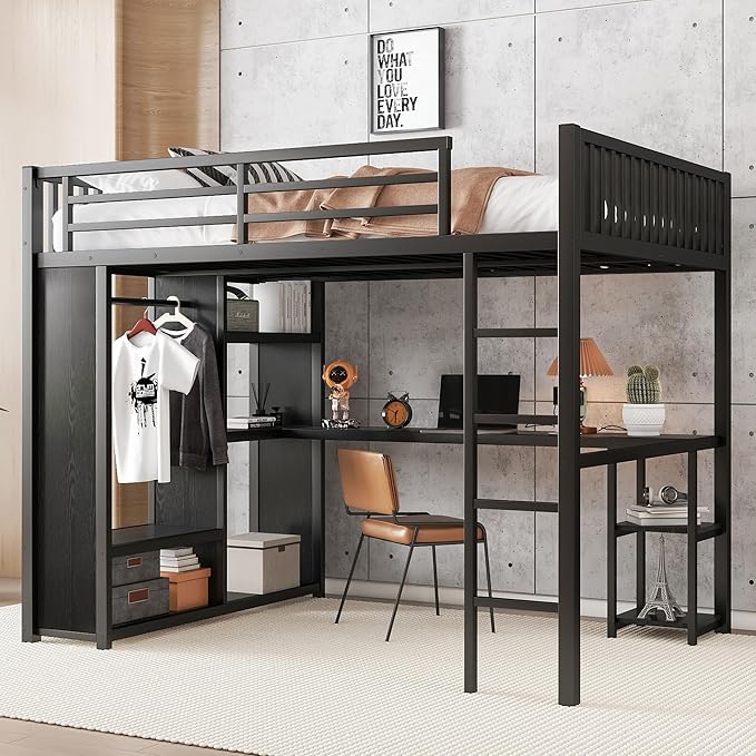 Queen Size Metal Loft Bed Frame with Desk and Storage Shelves Queen Size Metal Loft Bed Frame with Desk and Storage Shelves
