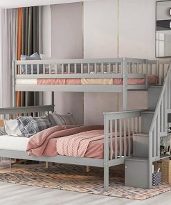 Harper Bright Twin Over Full Bunk Bed with Stairs and Storage Shelves