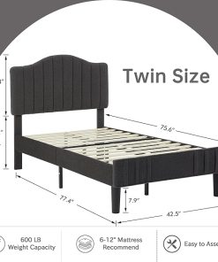 VECELO Twin Upholstered Bed Frame/Platform Bed Frame with Adjustable Headboard, Sheepskin Fabric Bed with Strong Wood Slats and 7.9” Under Bed Space, Noise Free No Box Spring Needed, Dark Grey 2