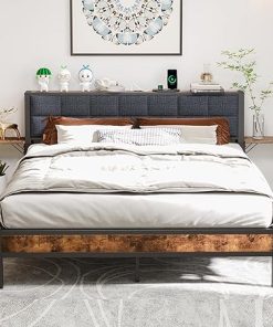 Queen Metal Bed Frame with Upholstered Headboard and Storage Shelves