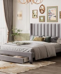 Gray Velvet Queen Bed Frame with Headboard and Storage Drawer 2
