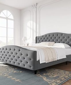 King Size Tufted Velvet Bed Frame with Headboard and Easy Assembly 2