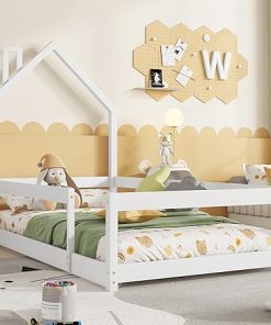 Montessori Twin Floor Bed Frame with House Shape Headboard White