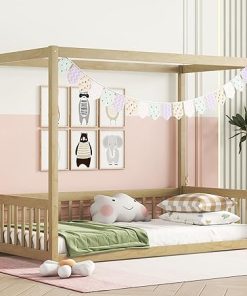 Citylight Twin Size Wood Canopy Bed with Guardrails for Kids