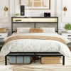 Beige Upholstered Canopy Bed Frame with Storage & Charging Station 4
