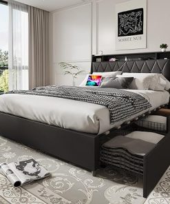 Queen Size Bed Frame with Ergonomic Headboard and Storage Options
